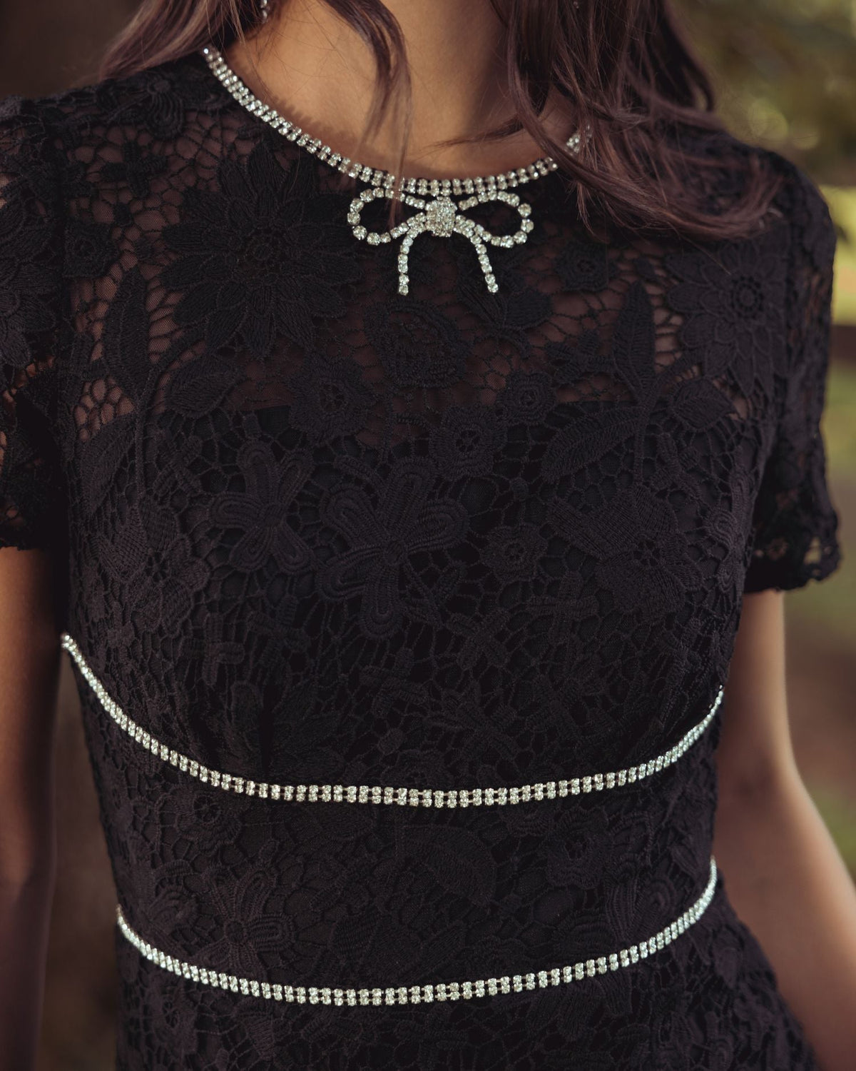 Mac Duggal #21208 black short sleeve lace midi dress with rhinestone trim