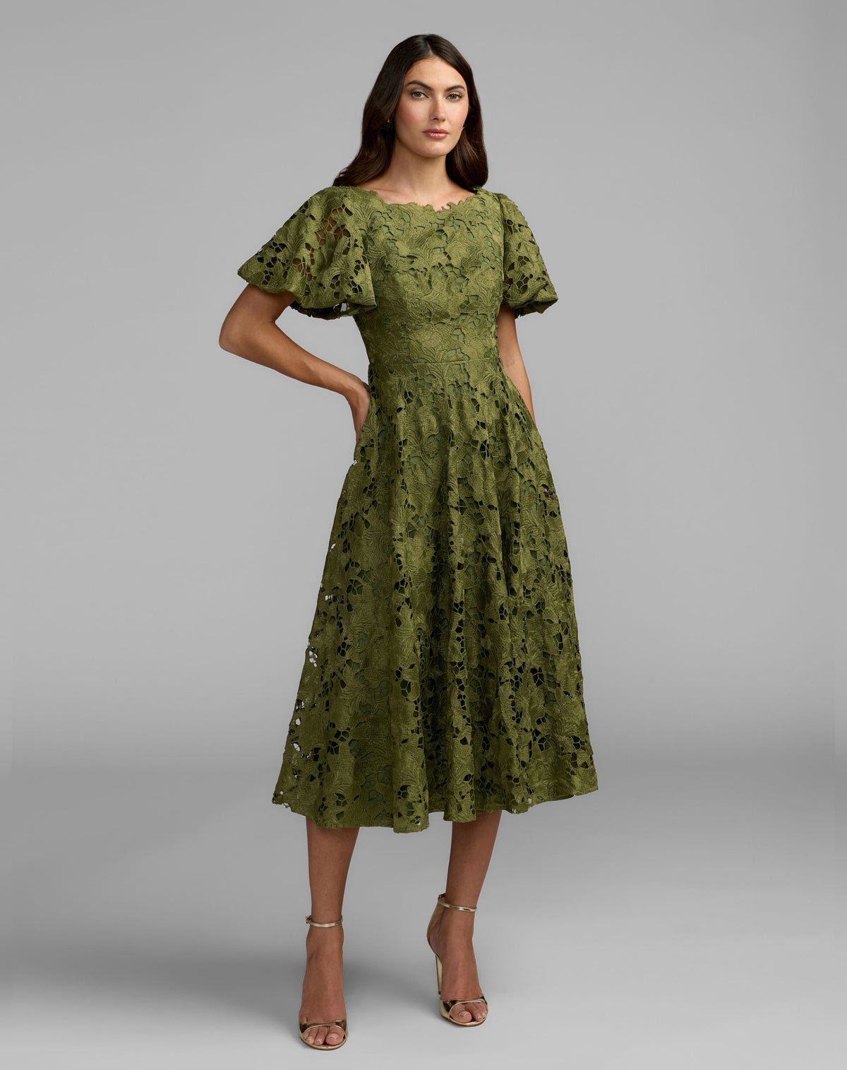 Green floral lace flutter sleeve midi dress