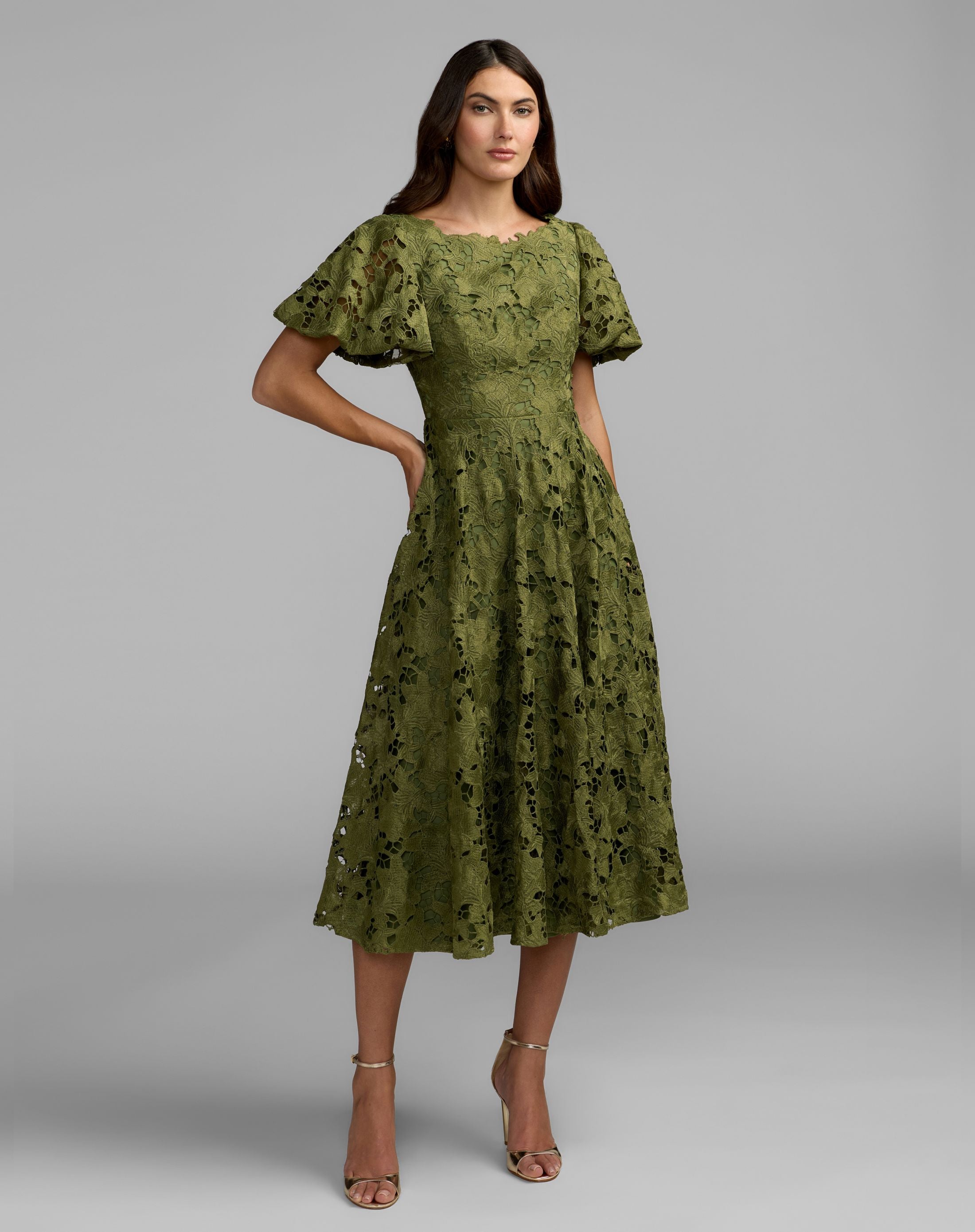 Green Floral Lace Flutter Sleeve Midi Dress