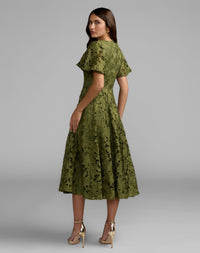 Green Floral Lace Flutter Sleeve Midi Dress