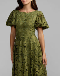 Green Floral Lace Flutter Sleeve Midi Dress