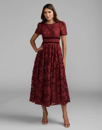 Mac Duggal #21210 burgundy lace midi dress front