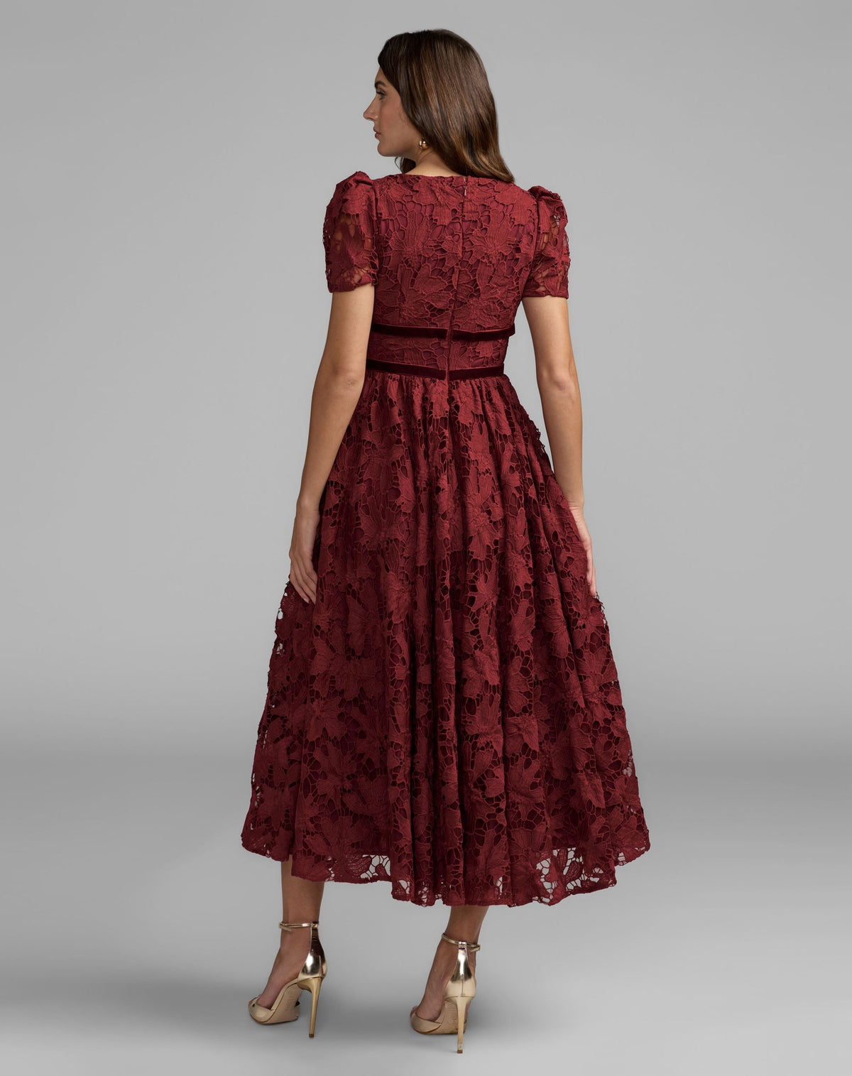 Mac Duggal #21210 burgundy lace midi dress back