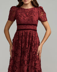 Mac Duggal #21210 burgundy lace midi dress close-up