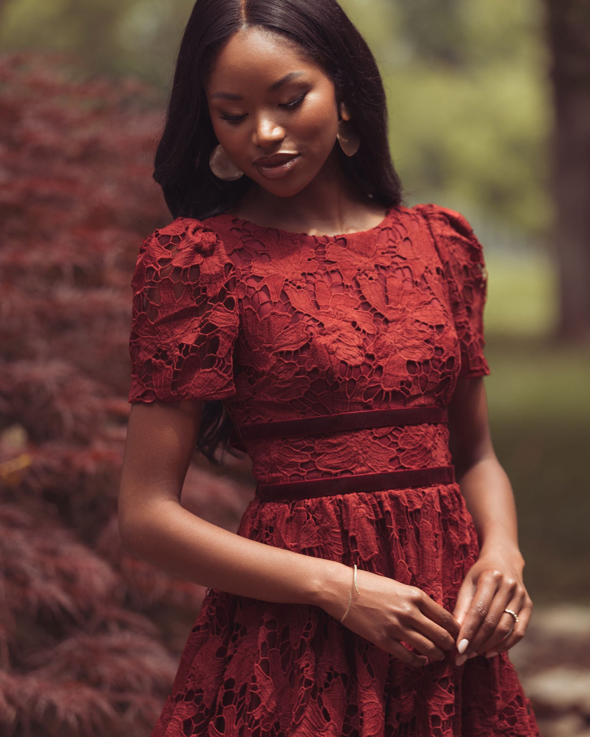 Mac Duggal #21210 burgundy midi dress lifestyle alt