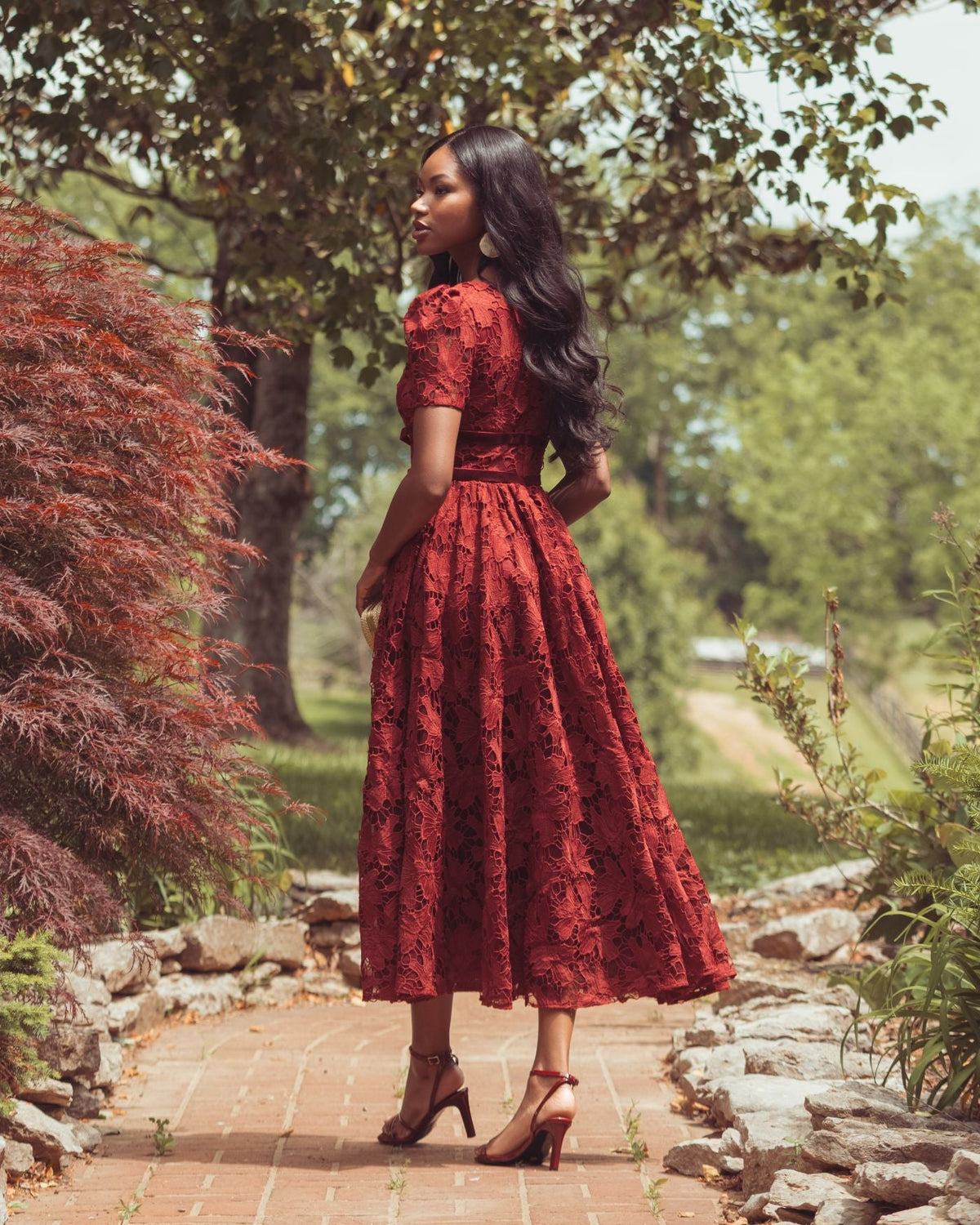Mac Duggal #21210 burgundy midi dress lifestyle back
