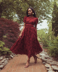 Mac Duggal #21210 burgundy midi dress lifestyle