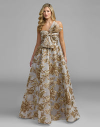 Mac Duggal #21217 bronze gold floral strapless brocade ball gown with bow