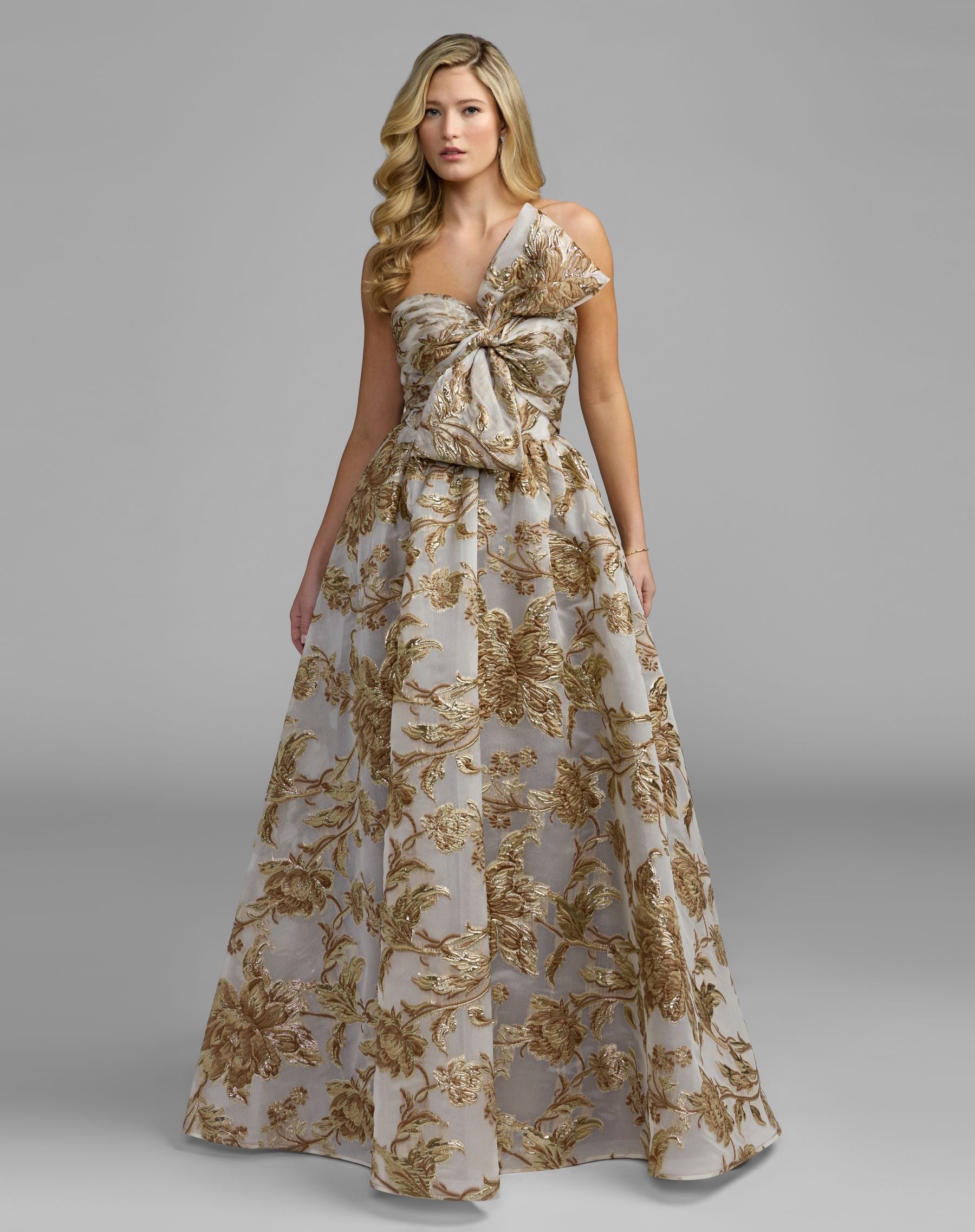 Mac Duggal #21217 bronze gold floral strapless brocade ball gown with bow