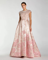 Cap Sleeve Embellished Floral Brocade Ball Gown - Blush Multi