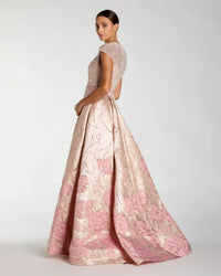 Cap Sleeve Embellished Floral Brocade Ball Gown - Blush Multi
