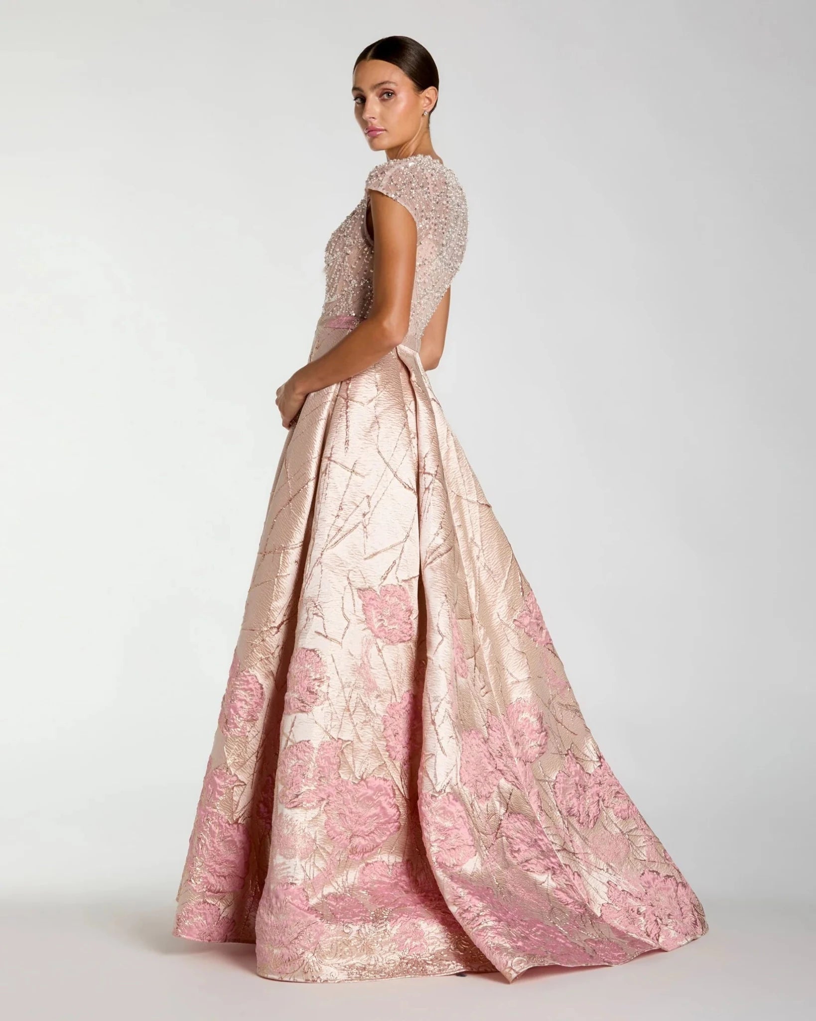 Cap Sleeve Embellished Floral Brocade Ball Gown - Blush Multi