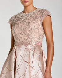 Cap Sleeve Embellished Floral Brocade Ball Gown - Blush Multi