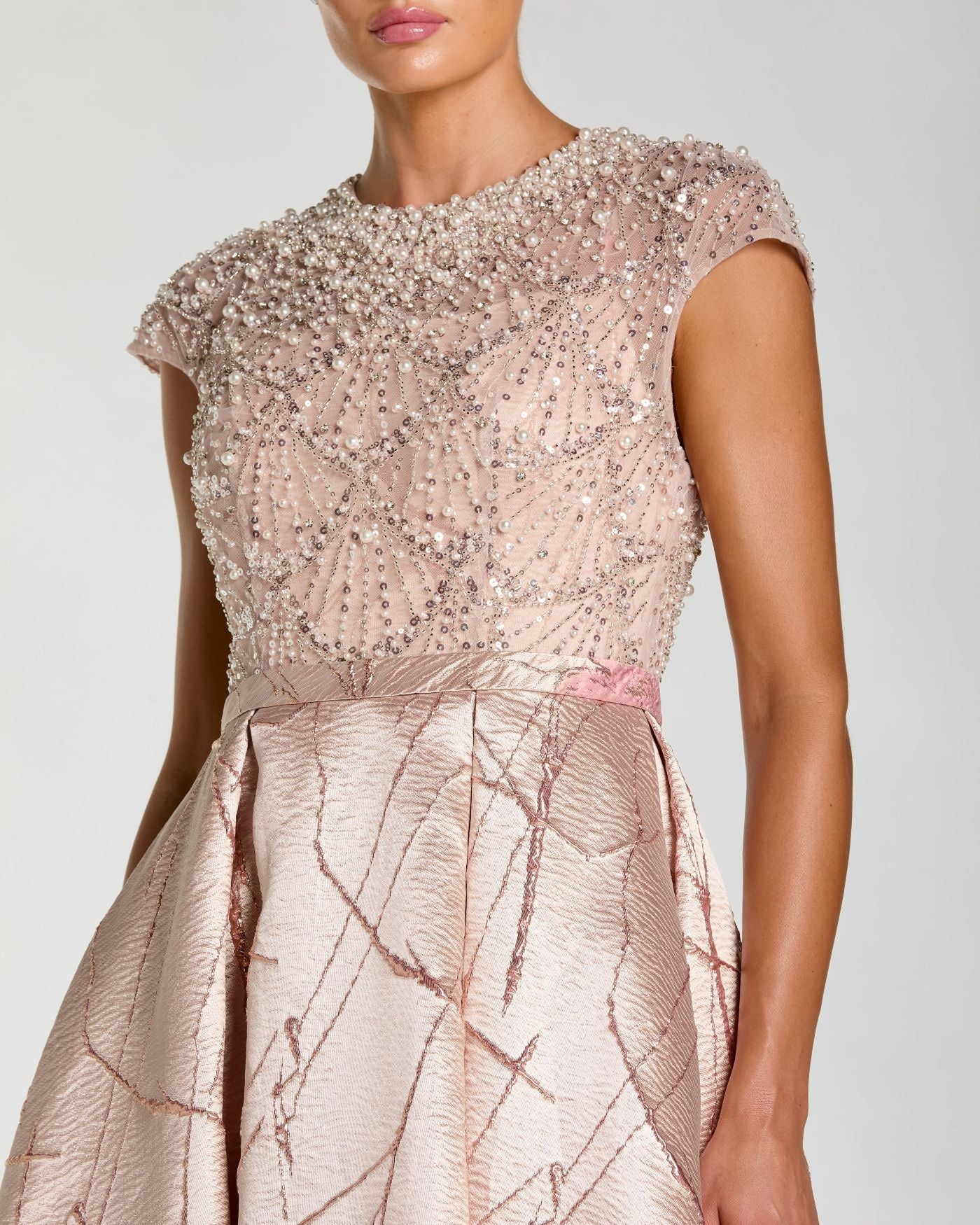 Cap Sleeve Embellished Floral Brocade Ball Gown - Blush Multi