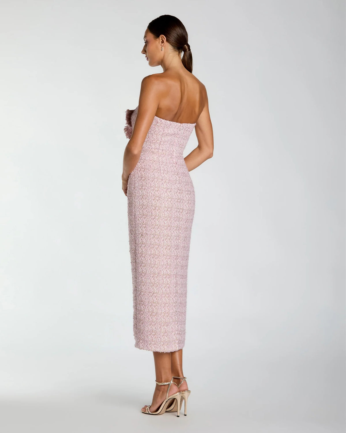 Mac Duggal Pink Strapless Boucle Midi Dress With 3D Flower #21220 Lilac Tweed