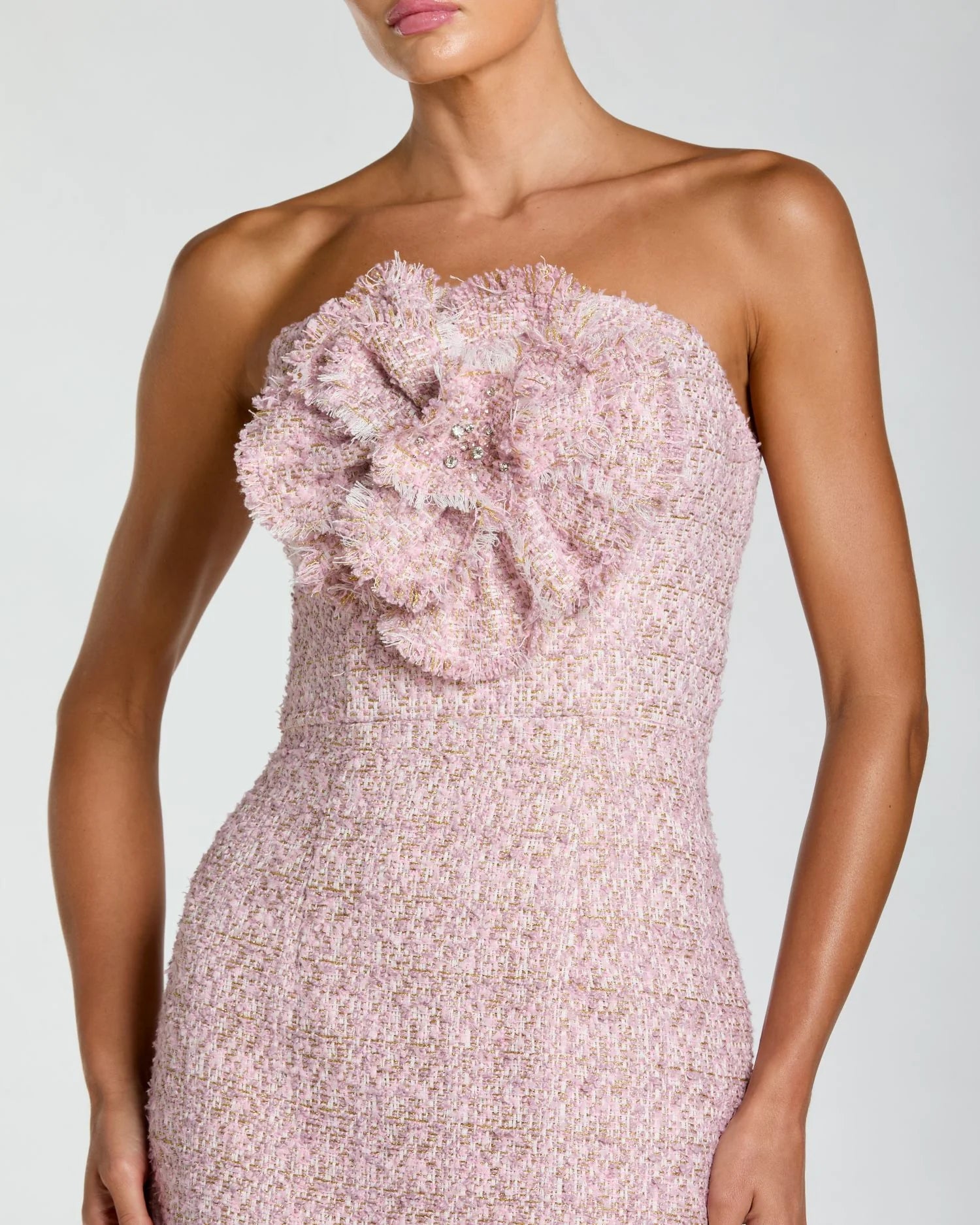 Mac Duggal Pink Strapless Boucle Midi Dress With 3D Flower #21220 Lilac Tweed