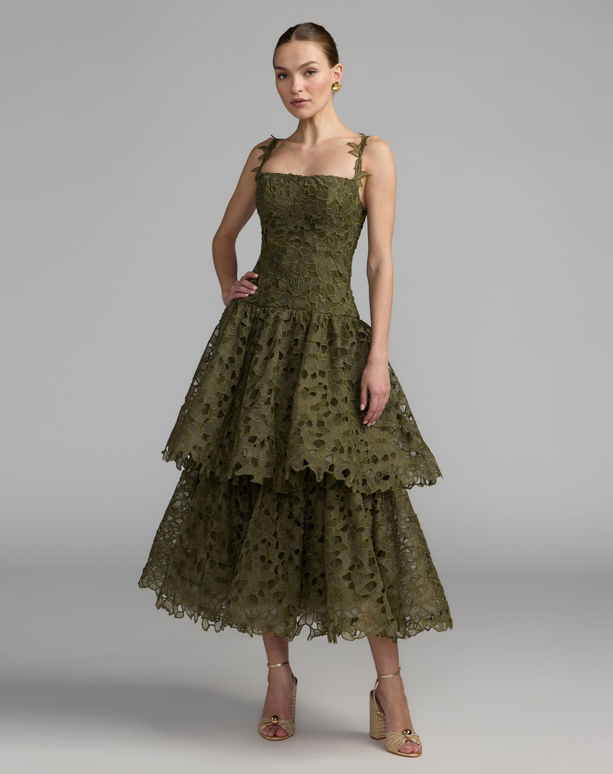 Mac Duggal #21223 olive sleeveless embroidered lace tiered midi dress