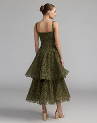 Mac Duggal #21223 olive sleeveless embroidered lace tiered midi dress back view