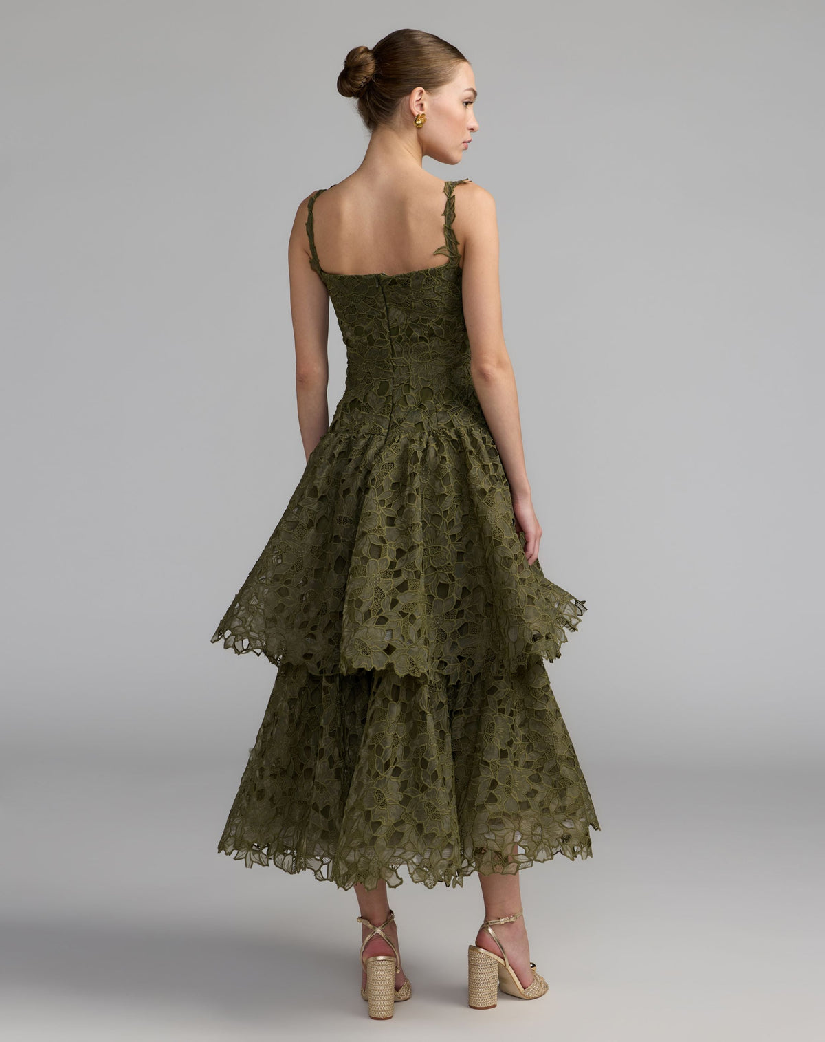 Mac Duggal #21223 olive sleeveless embroidered lace tiered midi dress back view
