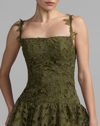 Mac Duggal #21223 olive sleeveless embroidered lace tiered midi dress close-up