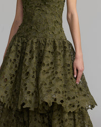 Mac Duggal #21223 olive sleeveless embroidered lace tiered midi dress close-up