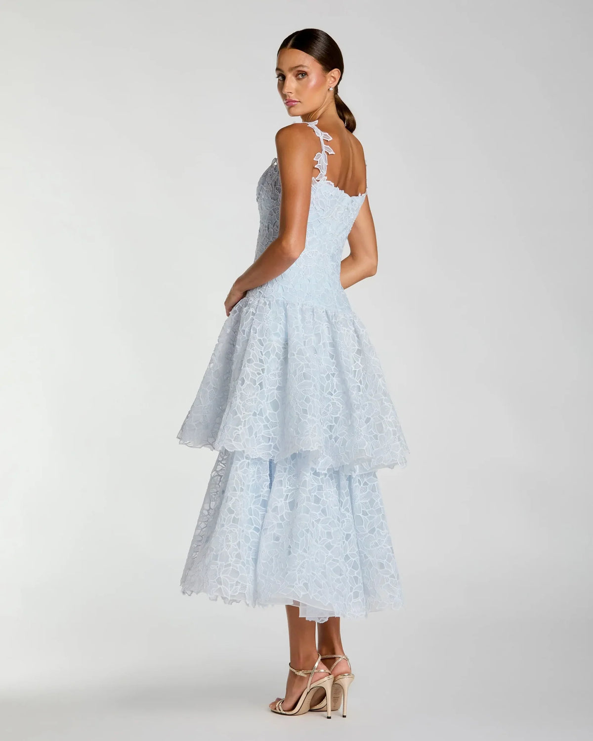 Mac Duggal Blue Sleeveless Embroidered Lace Tiered Midi Dress #21223