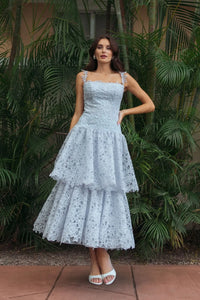 Mac Duggal Blue Sleeveless Embroidered Lace Tiered Midi Dress #21223