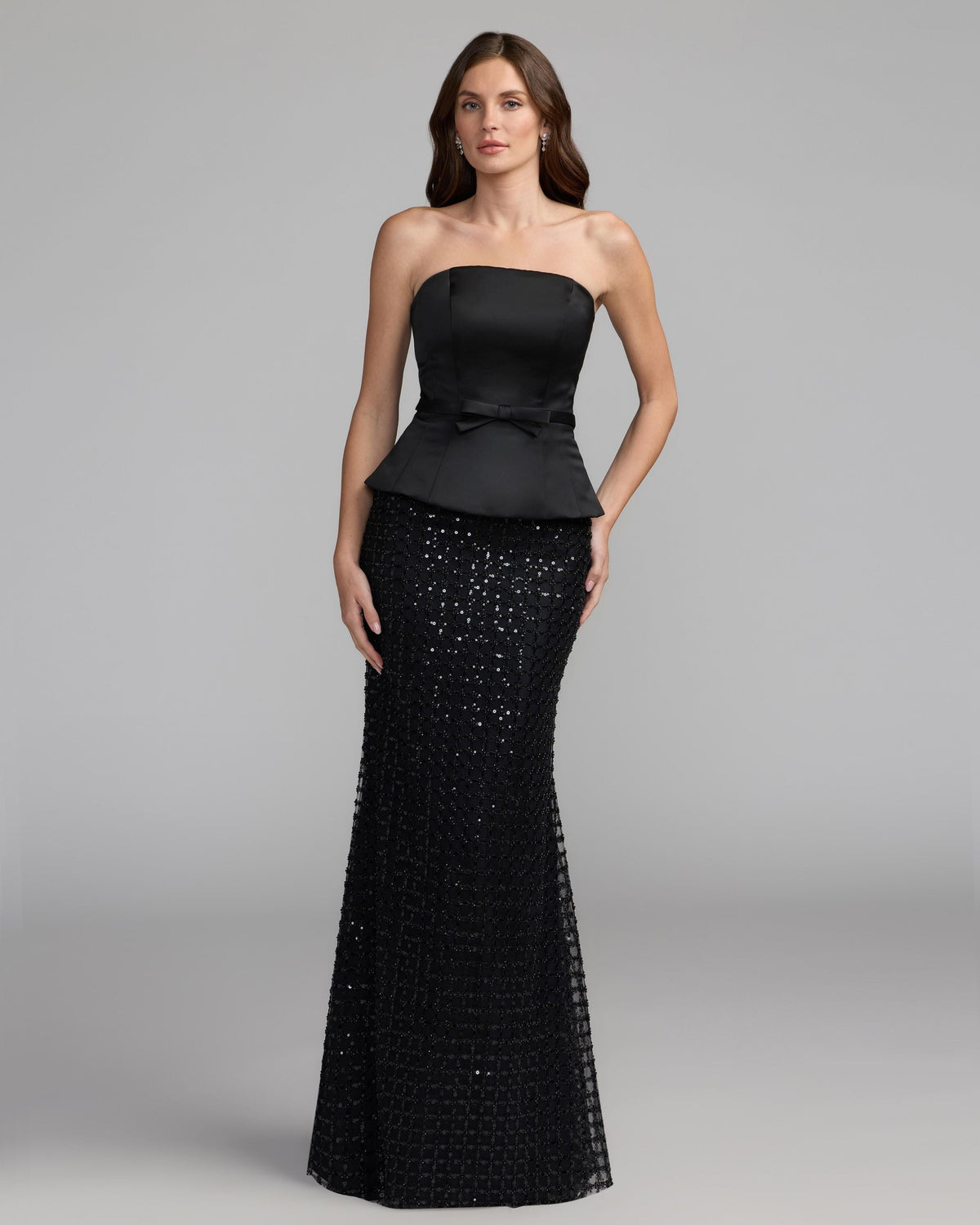 Mac Duggal #21227 black strapless satin top with embellished skirt gown