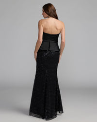 Mac Duggal #21227 black strapless satin top with embellished skirt gown back view