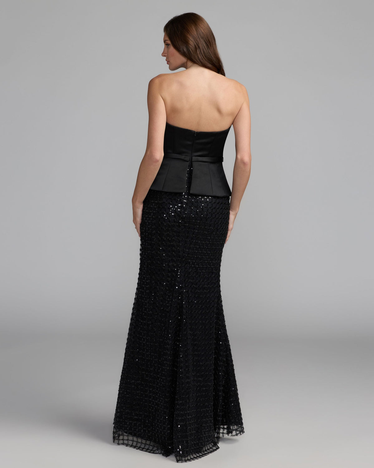 Mac Duggal #21227 black strapless satin top with embellished skirt gown back view