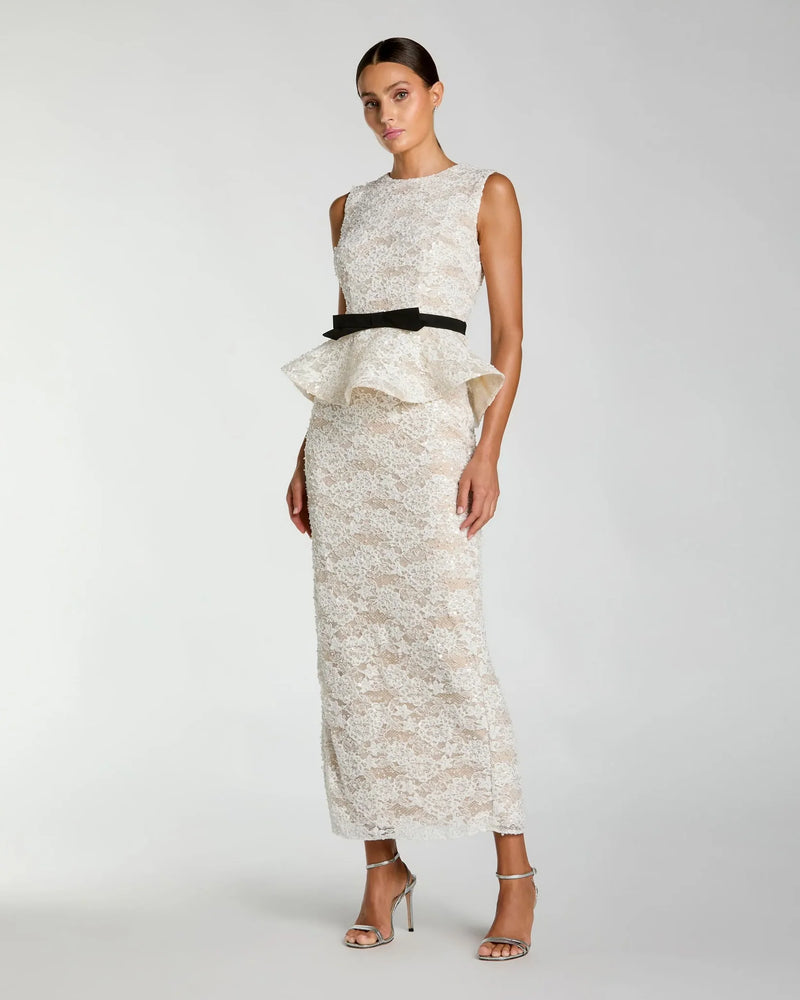 White lace peplum column dress with bow