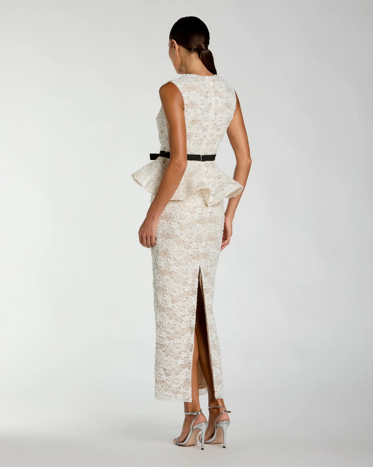 Mac Duggal White Lace Peplum Column Dress with Bow #21228 Ivory Nude