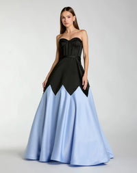 Mac Duggal #21229 black and blue strapless satin ball gown
