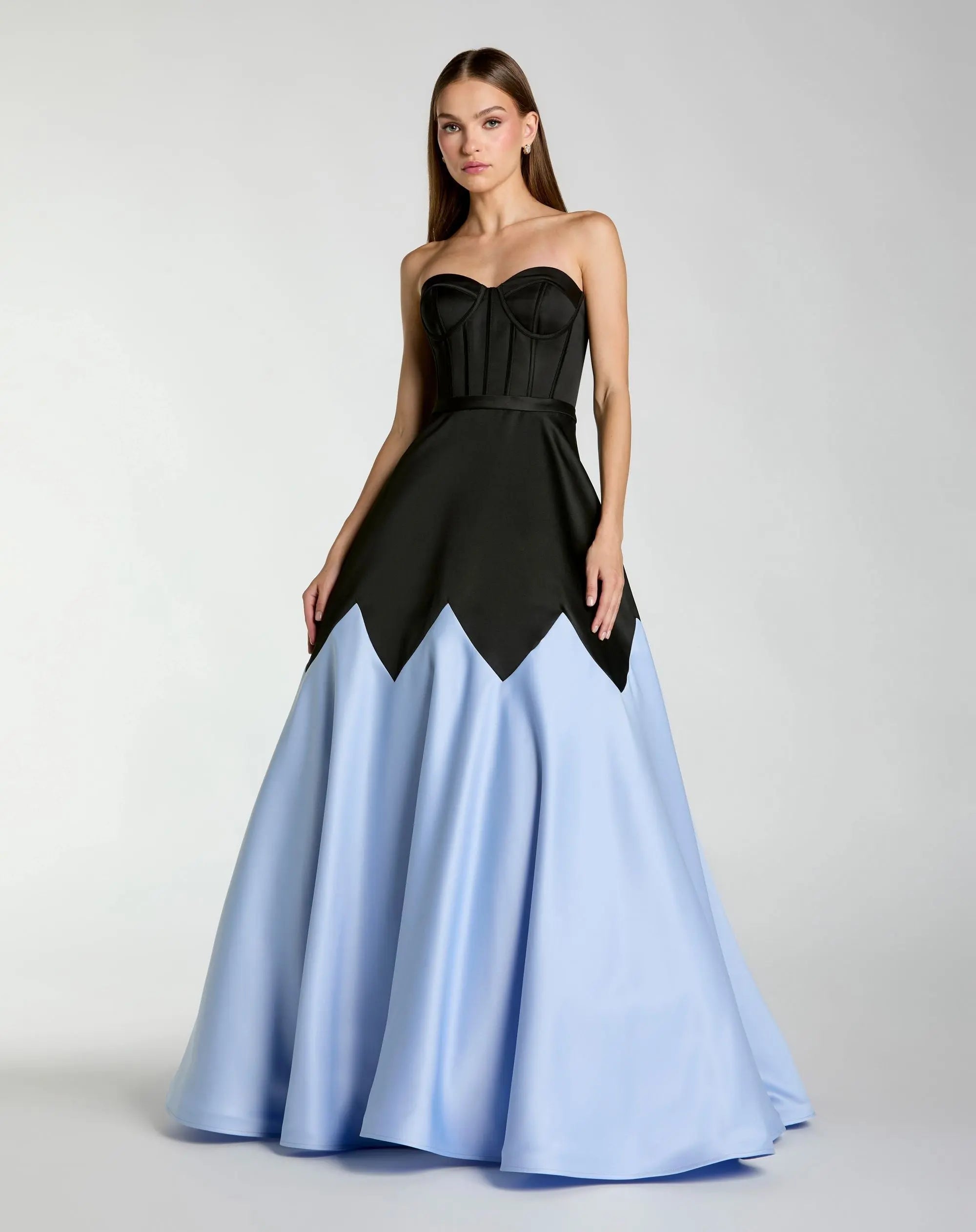 Mac Duggal #21229 black and blue strapless satin ball gown