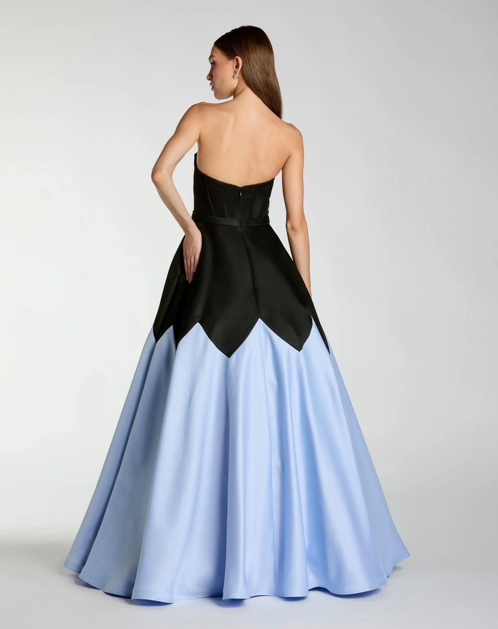 Mac Duggal #21229 black blue ball gown back view