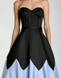 Mac Duggal #21229 black blue satin corset bodice close up