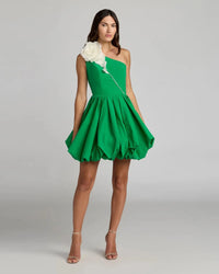 Spring Green Faille One Shoulder Floral Bubble Mini Dress