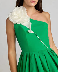 Spring Green Faille One Shoulder Floral Bubble Mini Dress