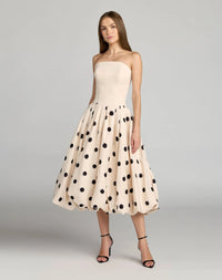 Mac Duggal #21234 ecru multi polka dot bubble hem midi dress