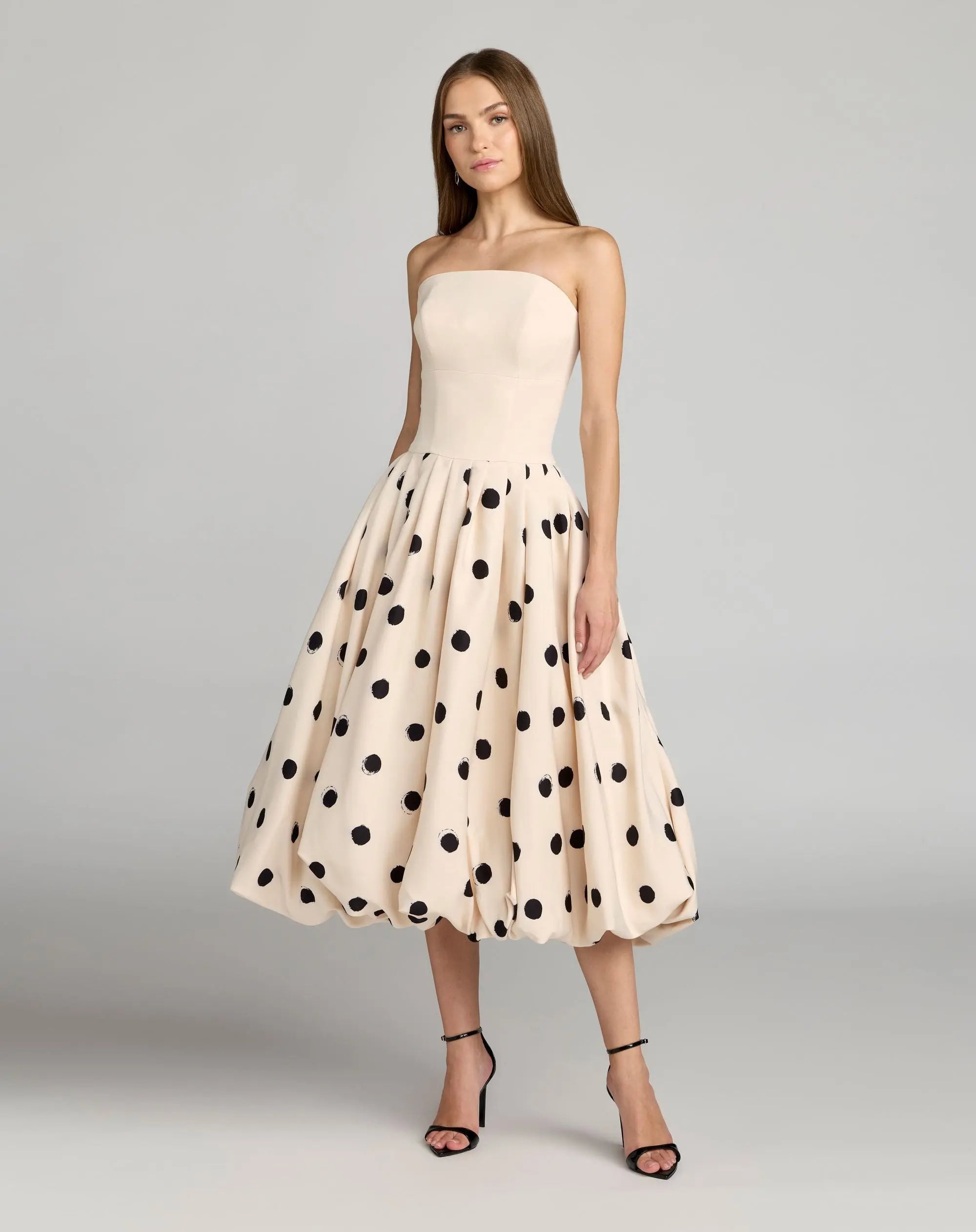 Mac Duggal #21234 ecru multi polka dot bubble hem midi dress