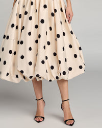 Mac Duggal #21234 ecru multi polka dot midi dress detail