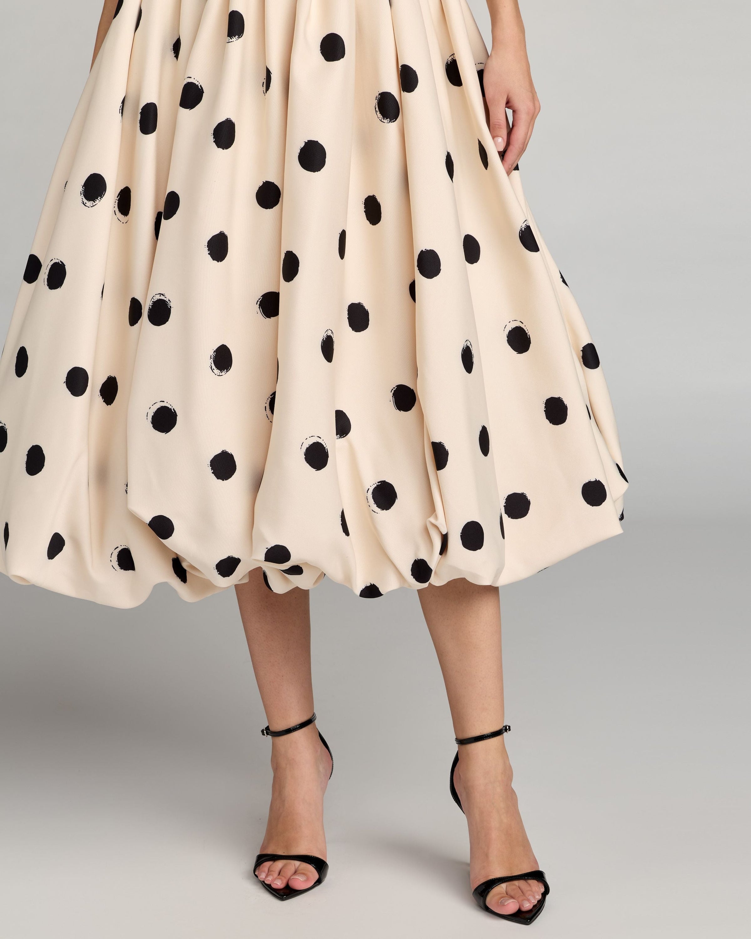Mac Duggal #21234 ecru multi polka dot midi dress detail