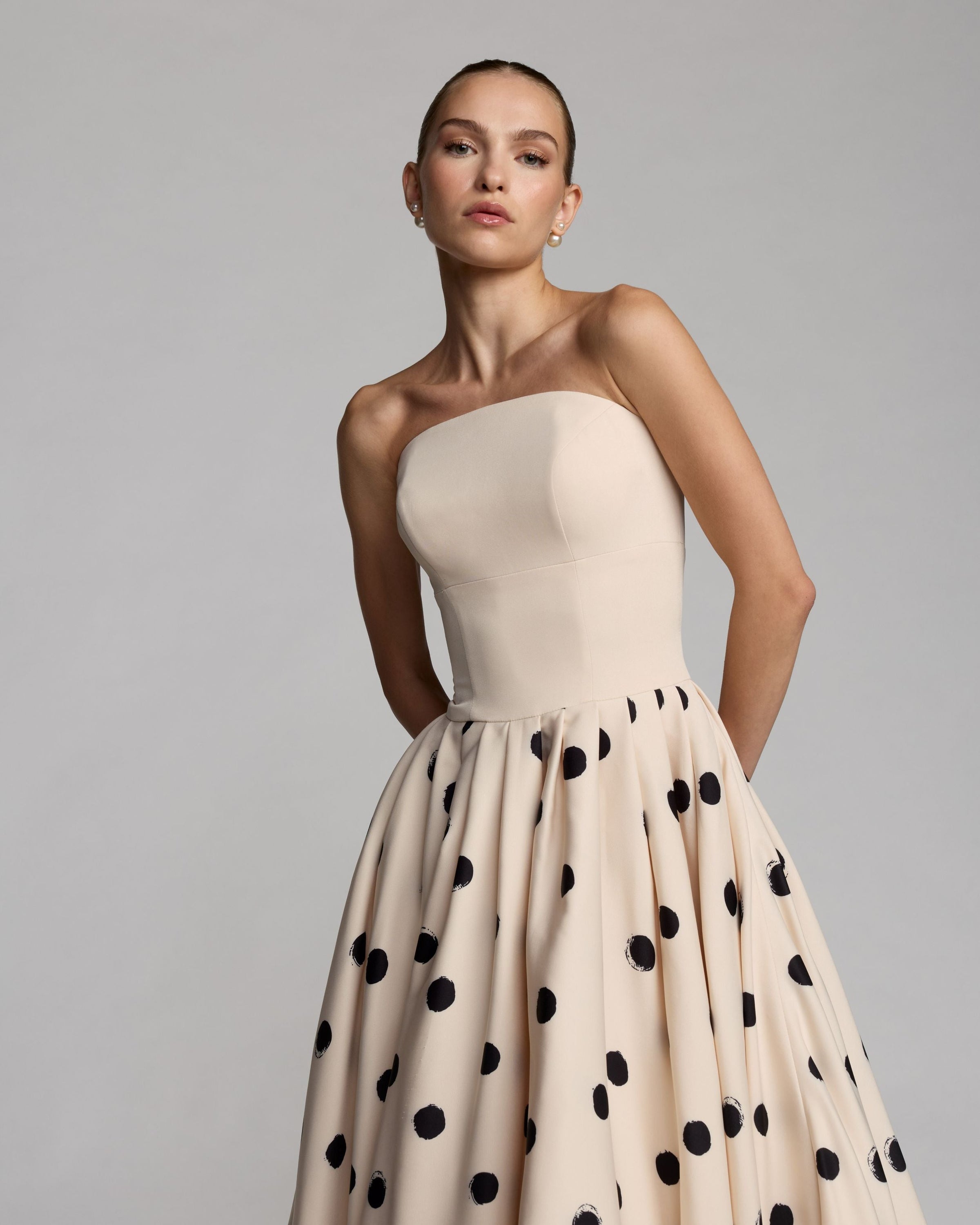 Mac Duggal #21234 ecru multi polka dot bubble hem midi dress