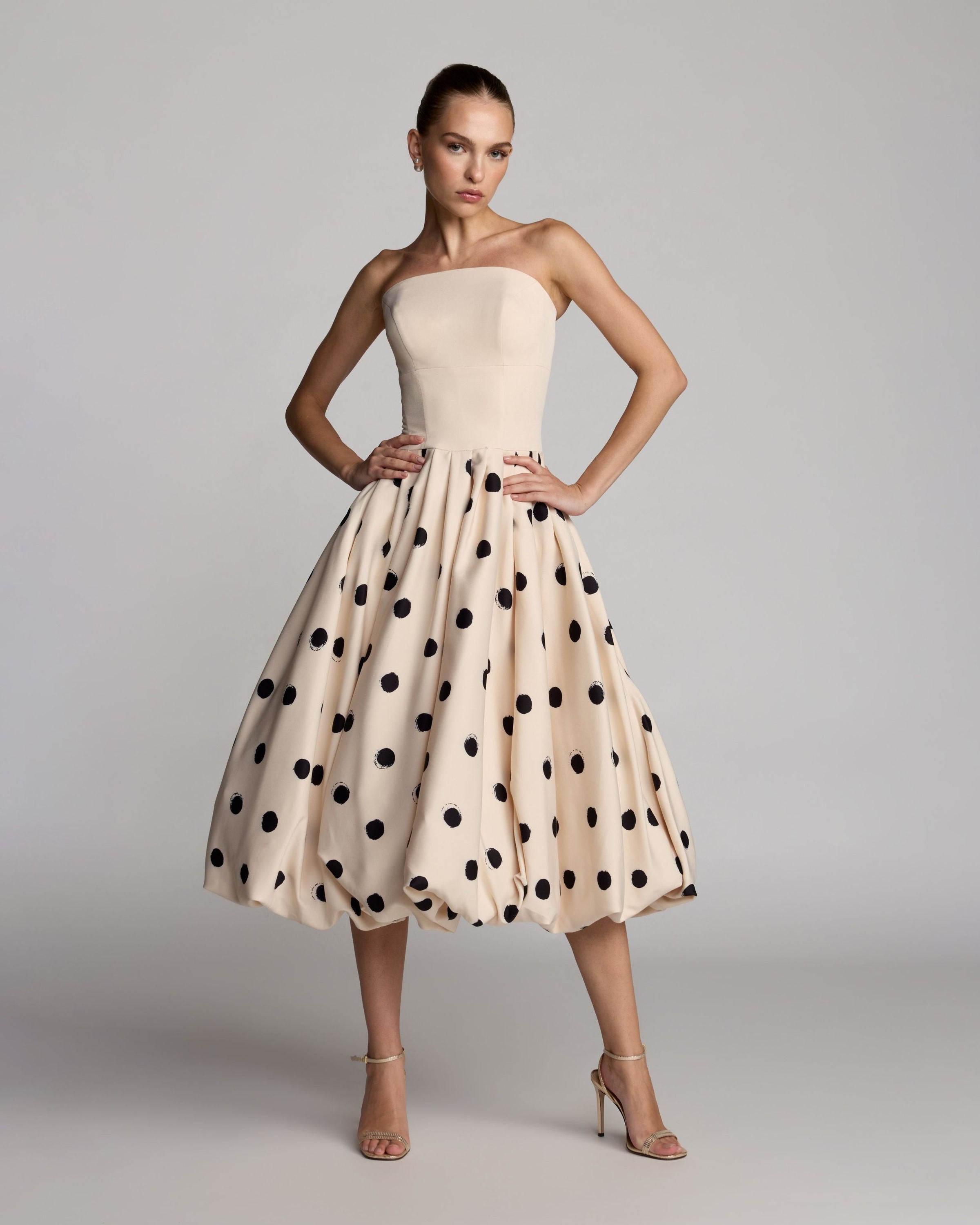 Mac Duggal #21234 ecru multi polka dot bubble hem midi dress
