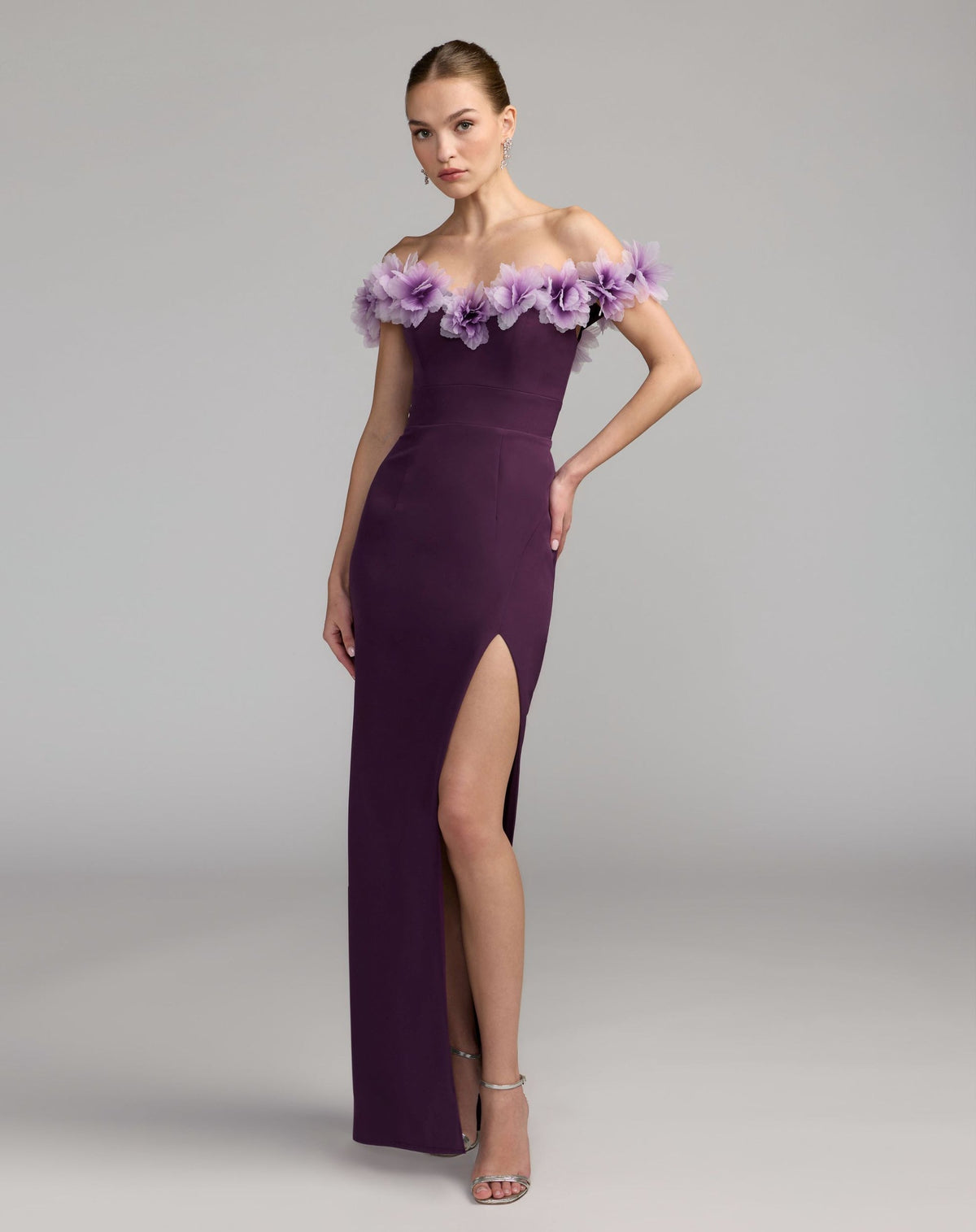 Mac Duggal Purple Off The Shoulder Column Gown With 3D Flowers Plum #21235