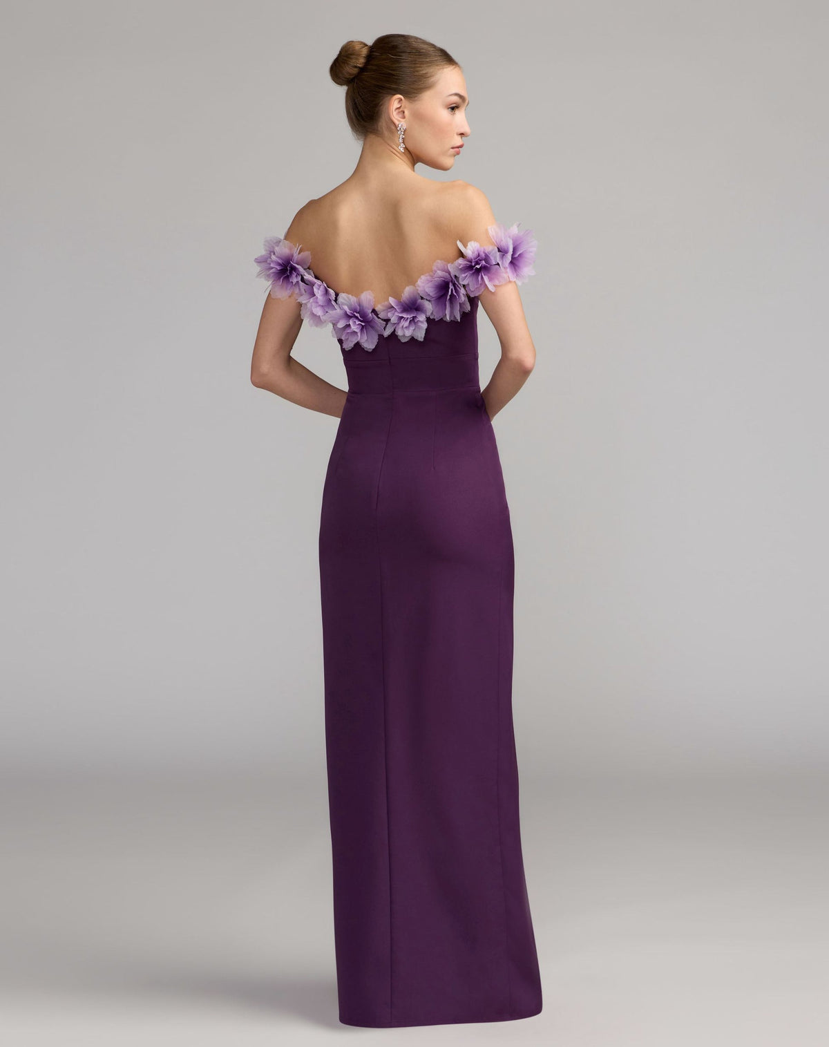 Purple off the shoulder column gown with sweetheart bust