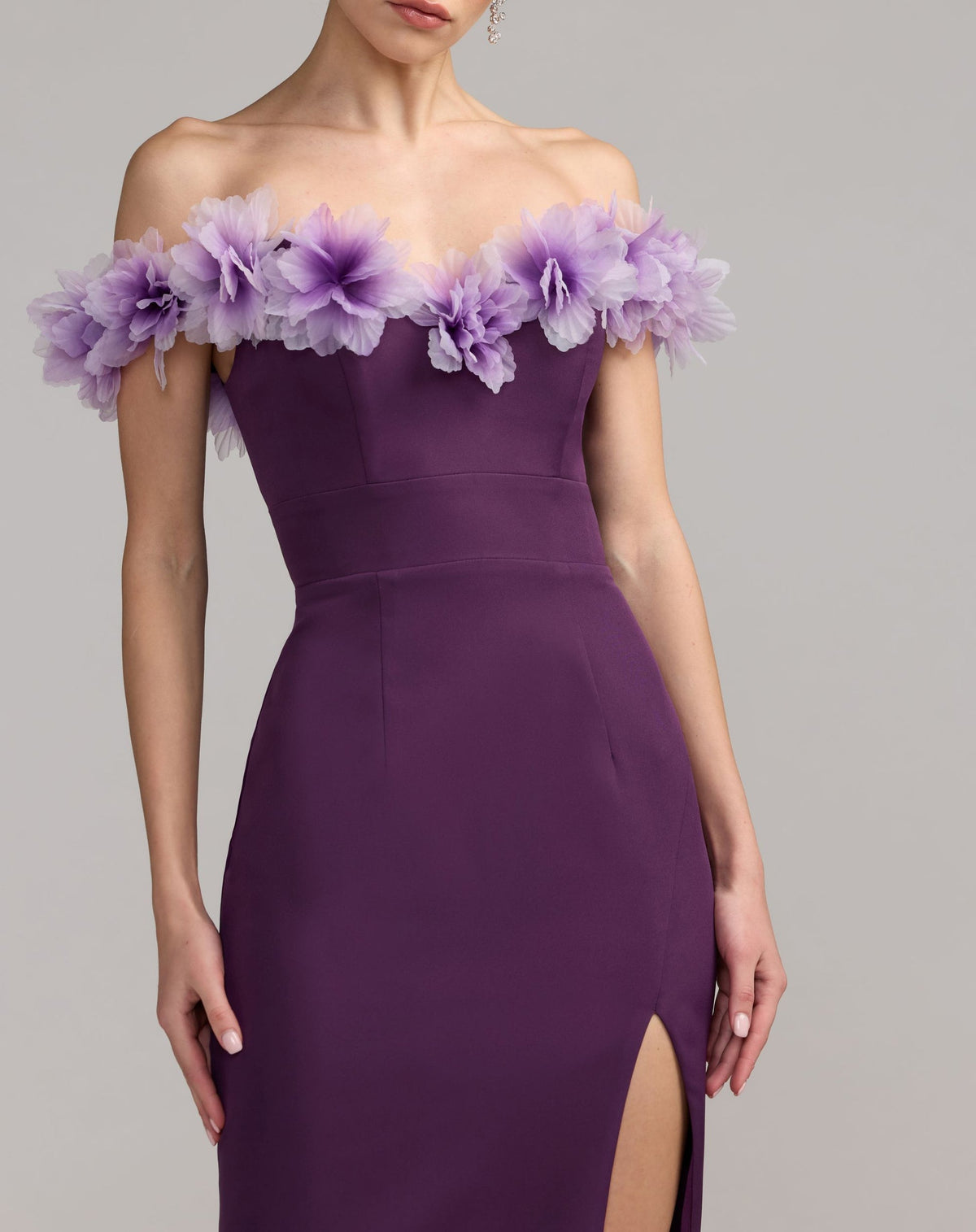 editorial view close up Purple Off The Shoulder Column Gown With 3D Flowers Plum #21235