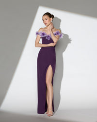 Purple Off The Shoulder Column Gown With 3D Flowers Plum #21235 editorial shot
