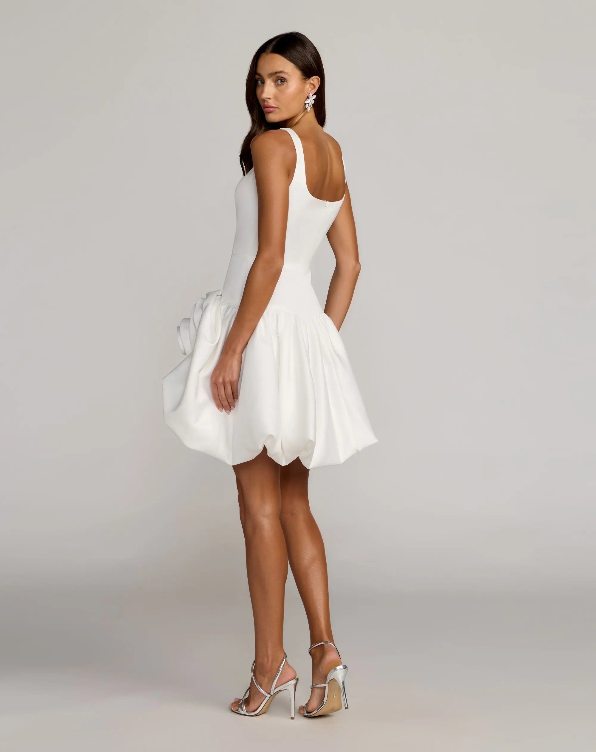 White Sleeveless Satin Bubble Hem Mini Dress - Back