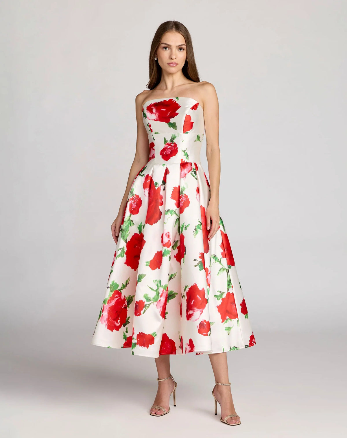 Mac Duggal White Strapless Floral Printed A Line Midi Dress #21238 Rose Multi